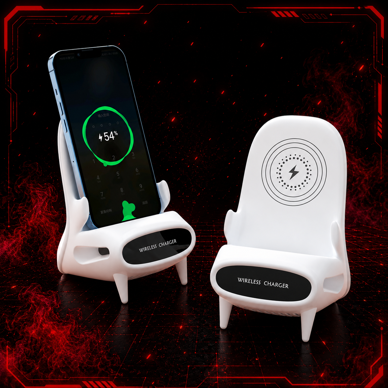 Support téléphone de bureau en forme de mini chaise avec chargeur sans fil 10W