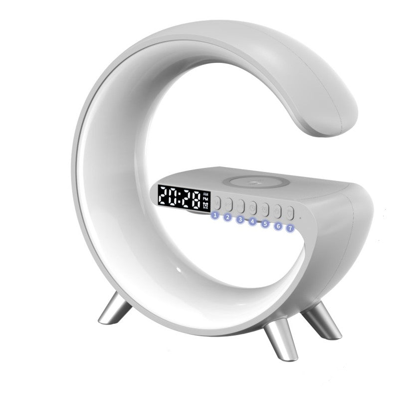 Lampe d'ambiance LED connectée en forme de G avec enceinte Bluetooth et chargeur sans fil