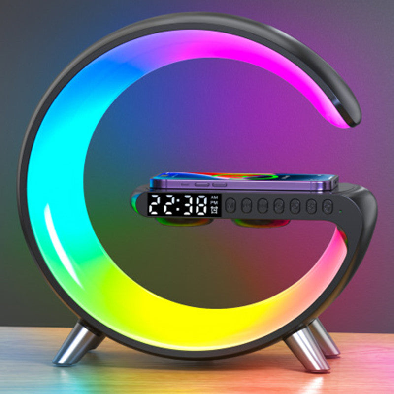 Lampe d'ambiance LED connectée en forme de G avec enceinte Bluetooth et chargeur sans fil