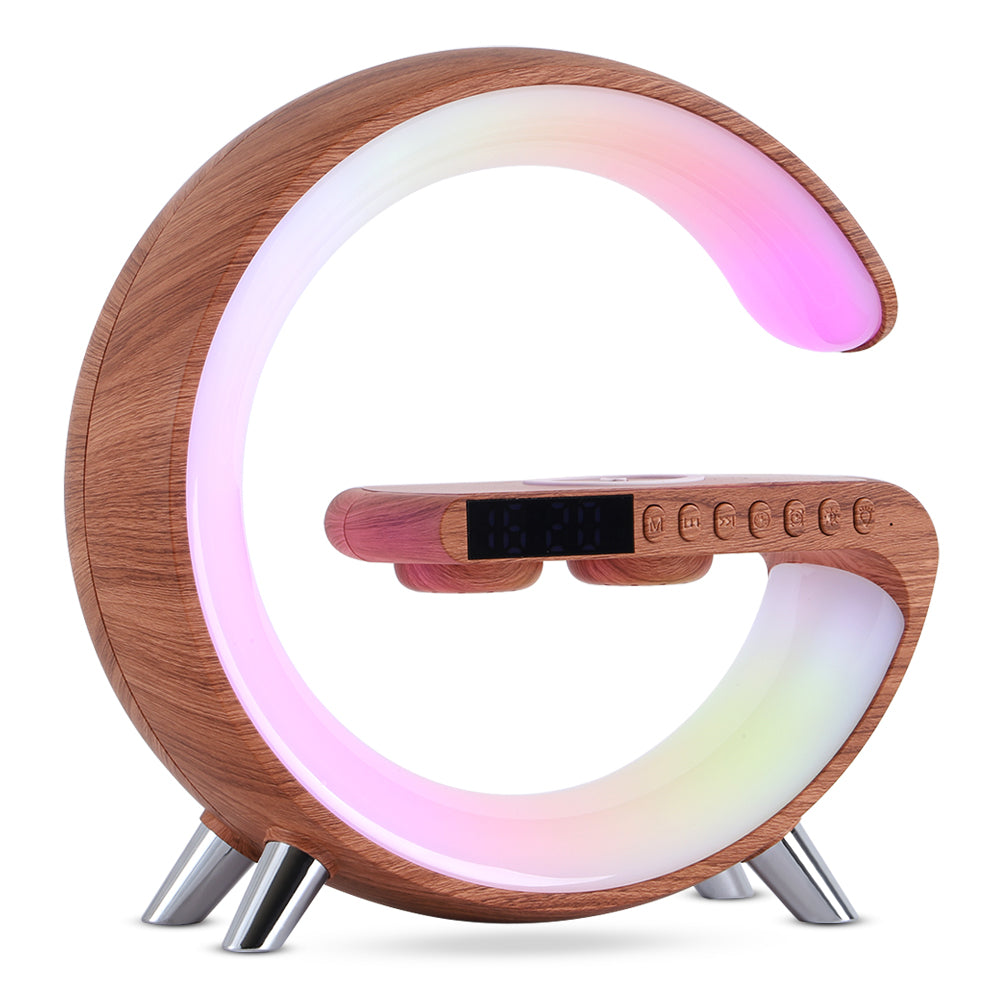 Lampe d'ambiance LED connectée en forme de G avec enceinte Bluetooth et chargeur sans fil