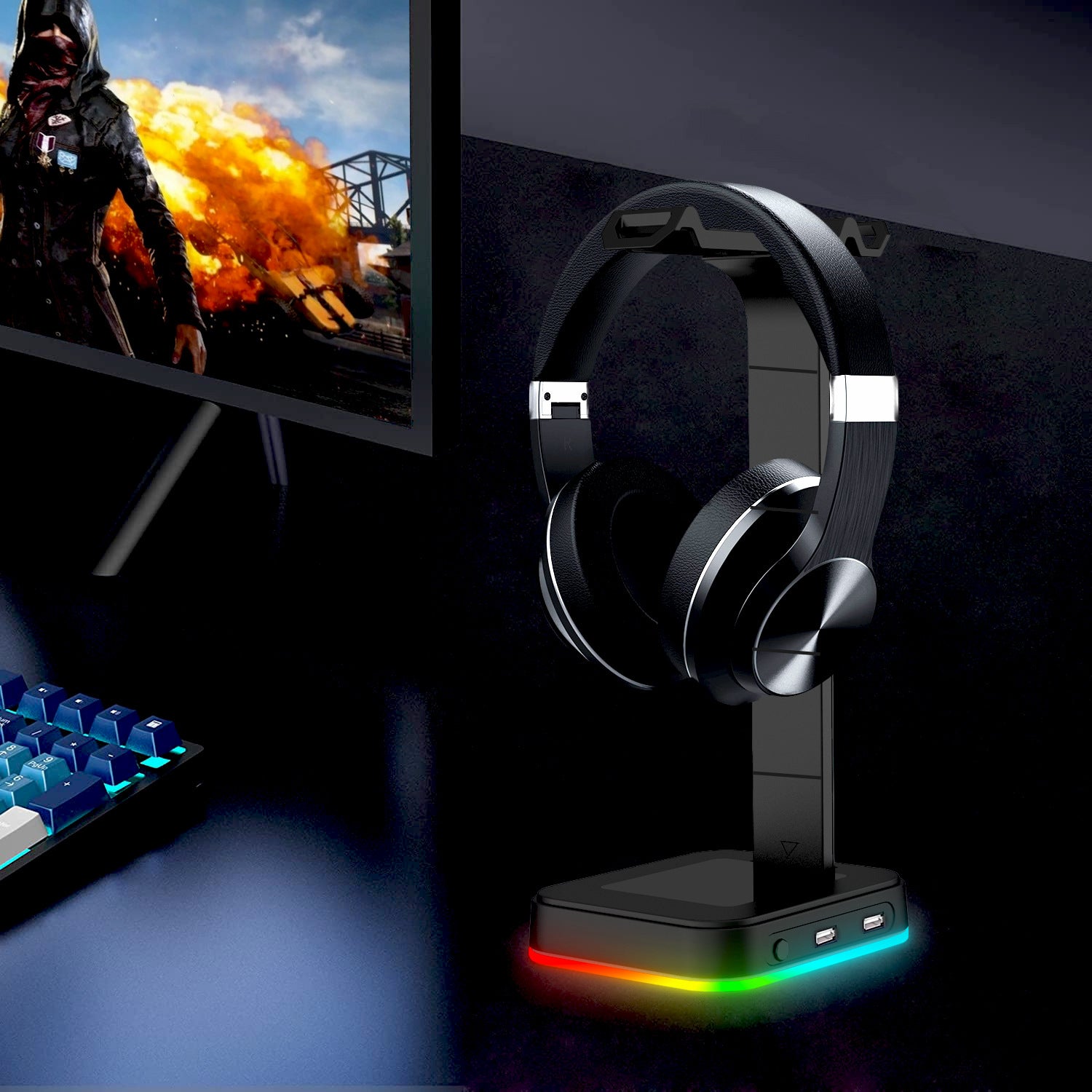 Support casque gaming RGB 2-en-1 avec multiprise USB intégrée
