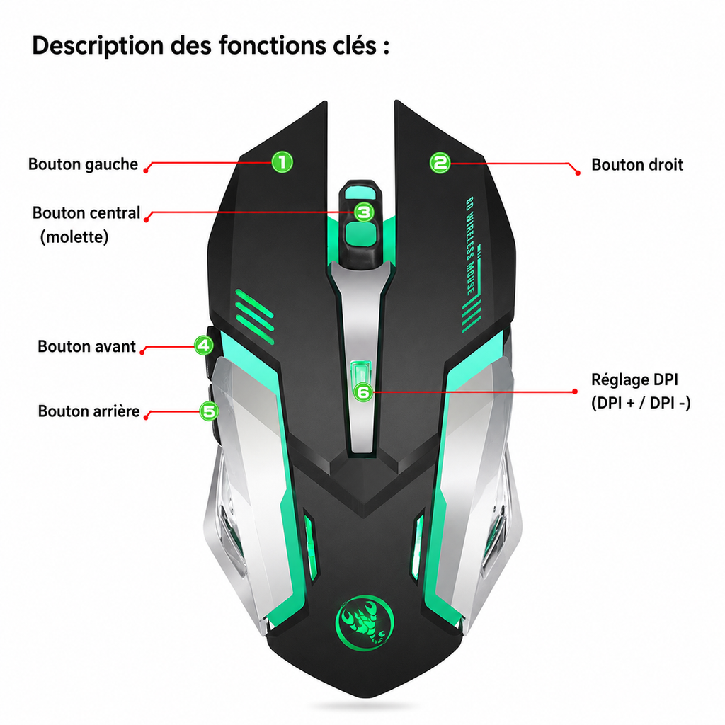 Souris gaming sans fil HXSJ RGB connexion 2,4 GHz