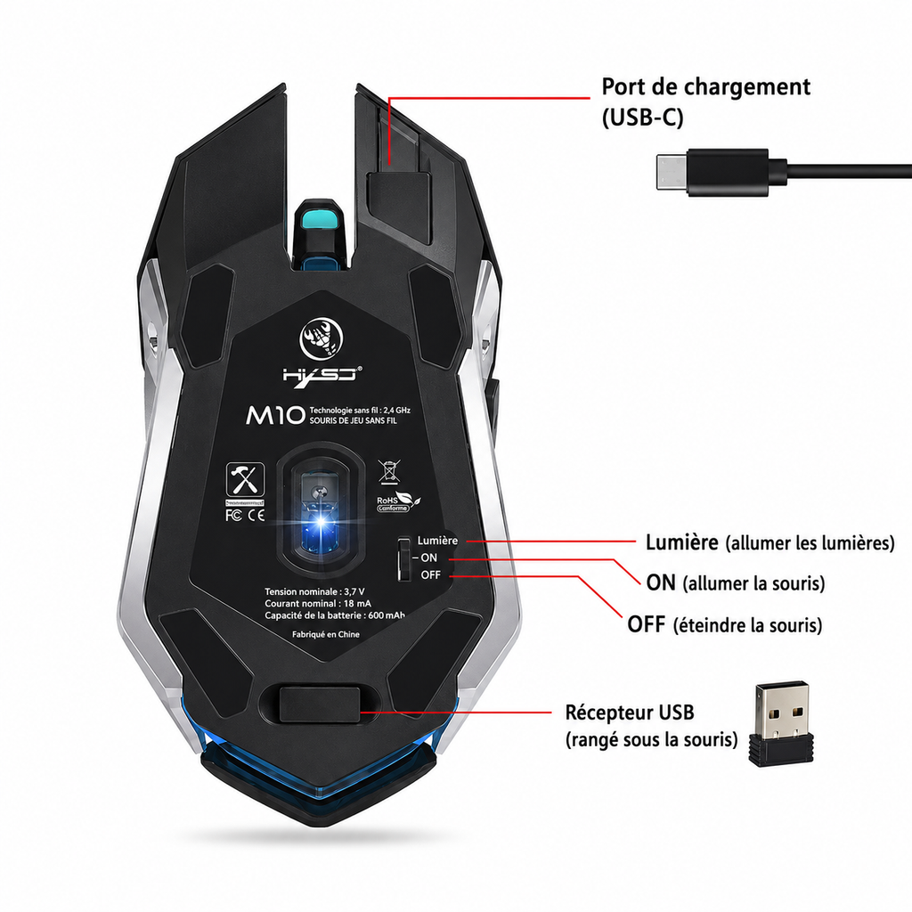 Souris gaming sans fil HXSJ RGB connexion 2,4 GHz