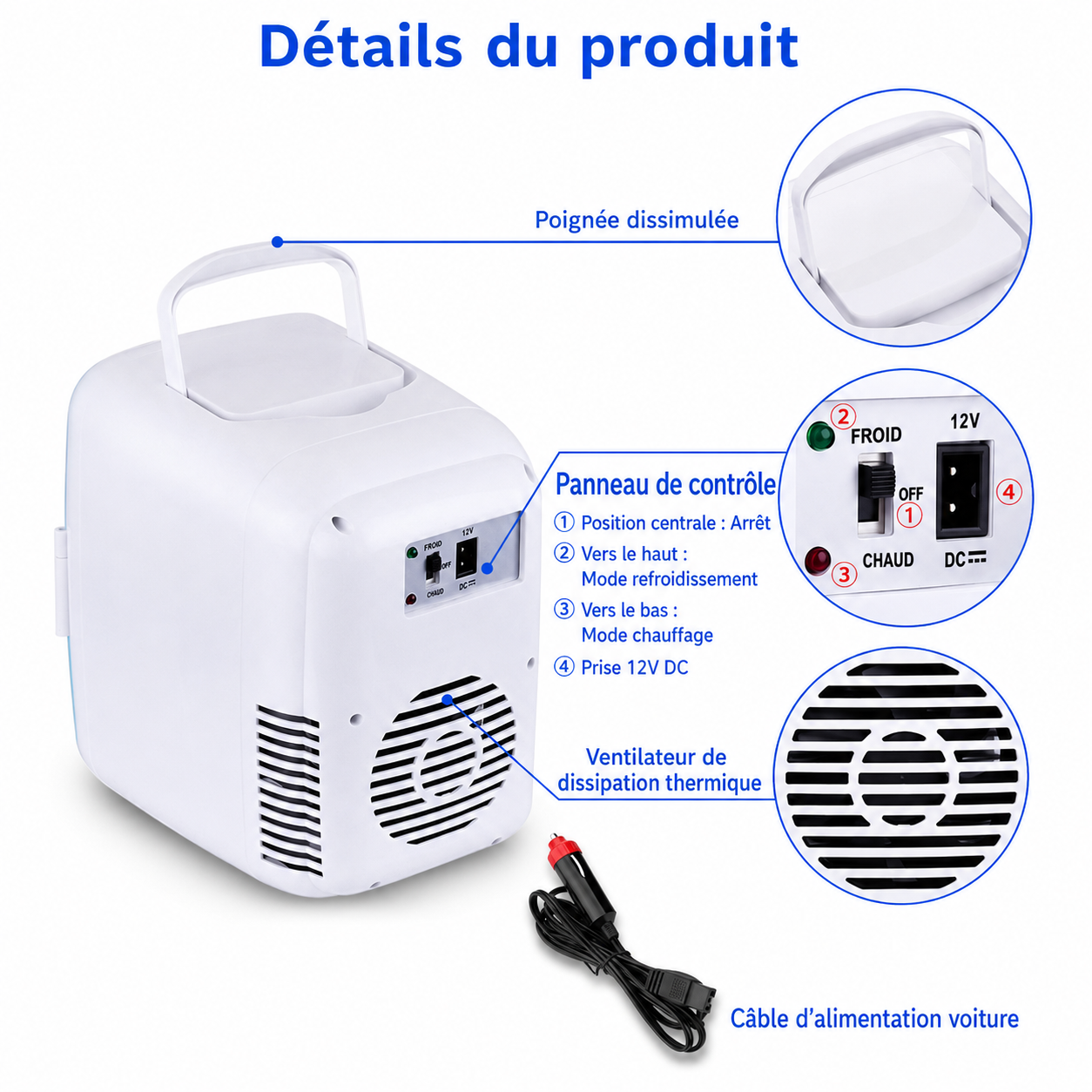Mini frigo compact 4 litres chaud et froid pour voiture, coloris bleu, rose et blanc
