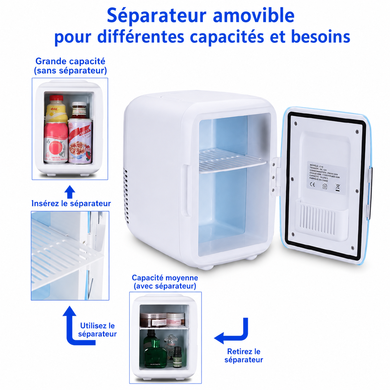 Mini frigo compact 4 litres chaud et froid pour voiture, coloris bleu, rose et blanc