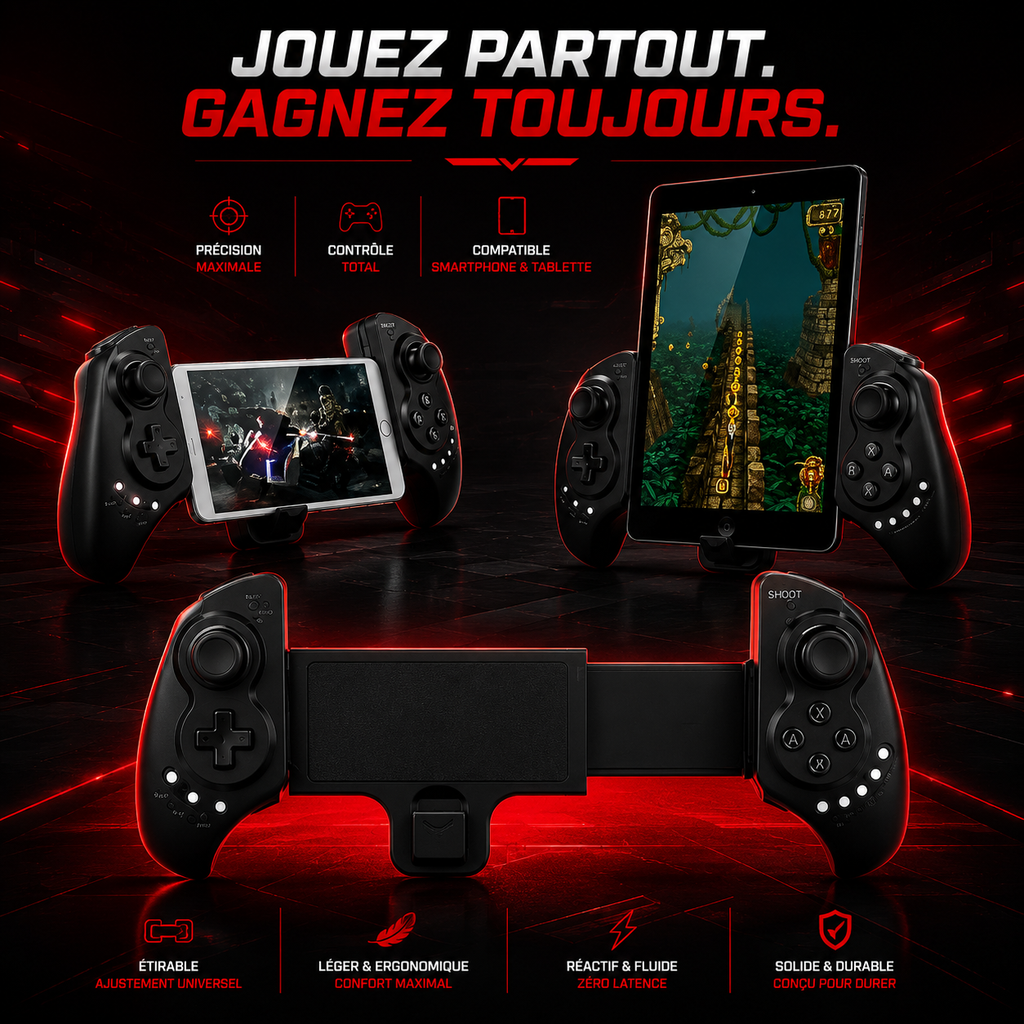 Manette de jeu ajustable pour smartphone et tablette, coloris noir et rouge