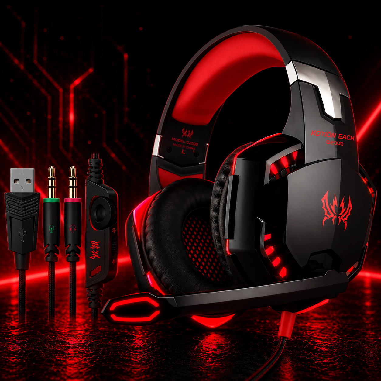 Casque gaming filaire son surround avec micro et éclairage LED rouge