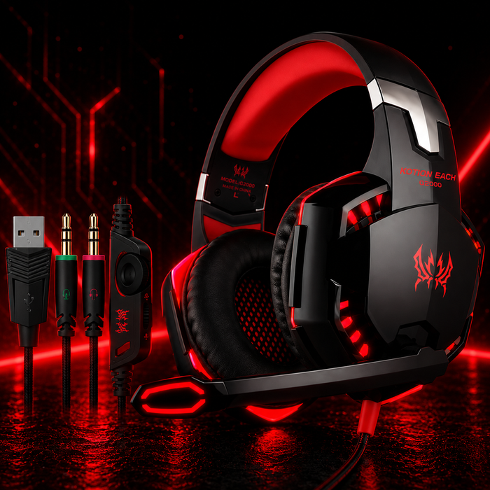 Casque gaming filaire son surround avec micro et éclairage LED rouge