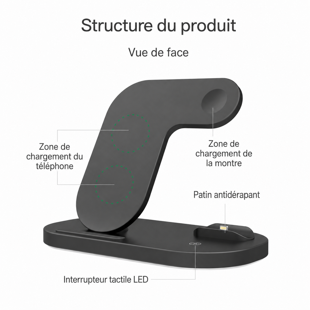 Station de charge sans fil pliable 3-en-1 pour iPhone, Apple Watch et AirPods