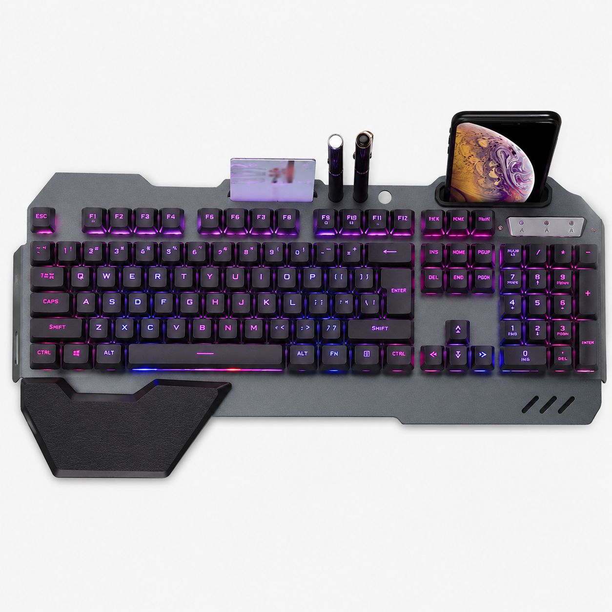 Clavier gaming filaire ergonomique RGB avec support téléphone intégré