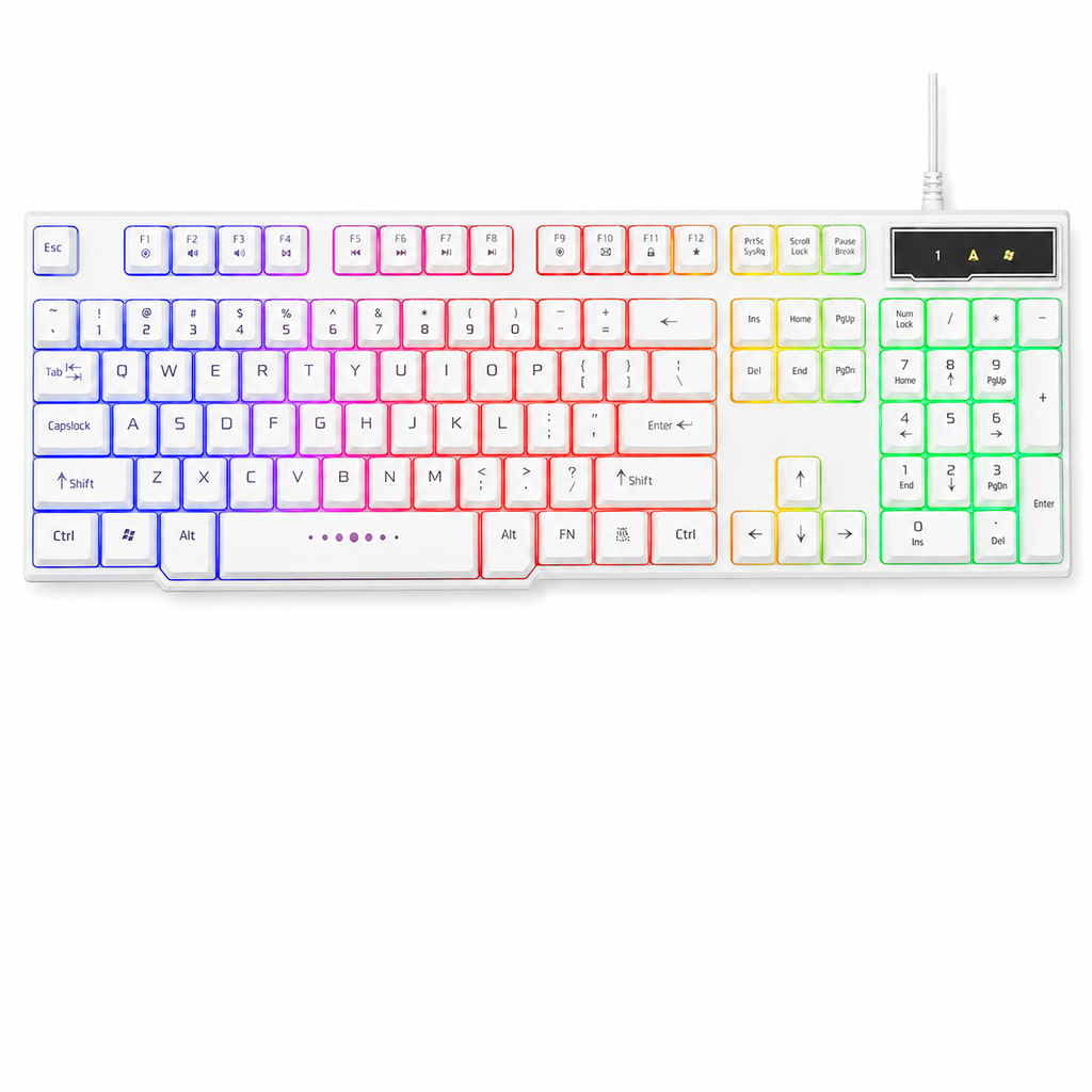 Clavier gaming filaire lumineux à câble USB, coloris blanc et noir