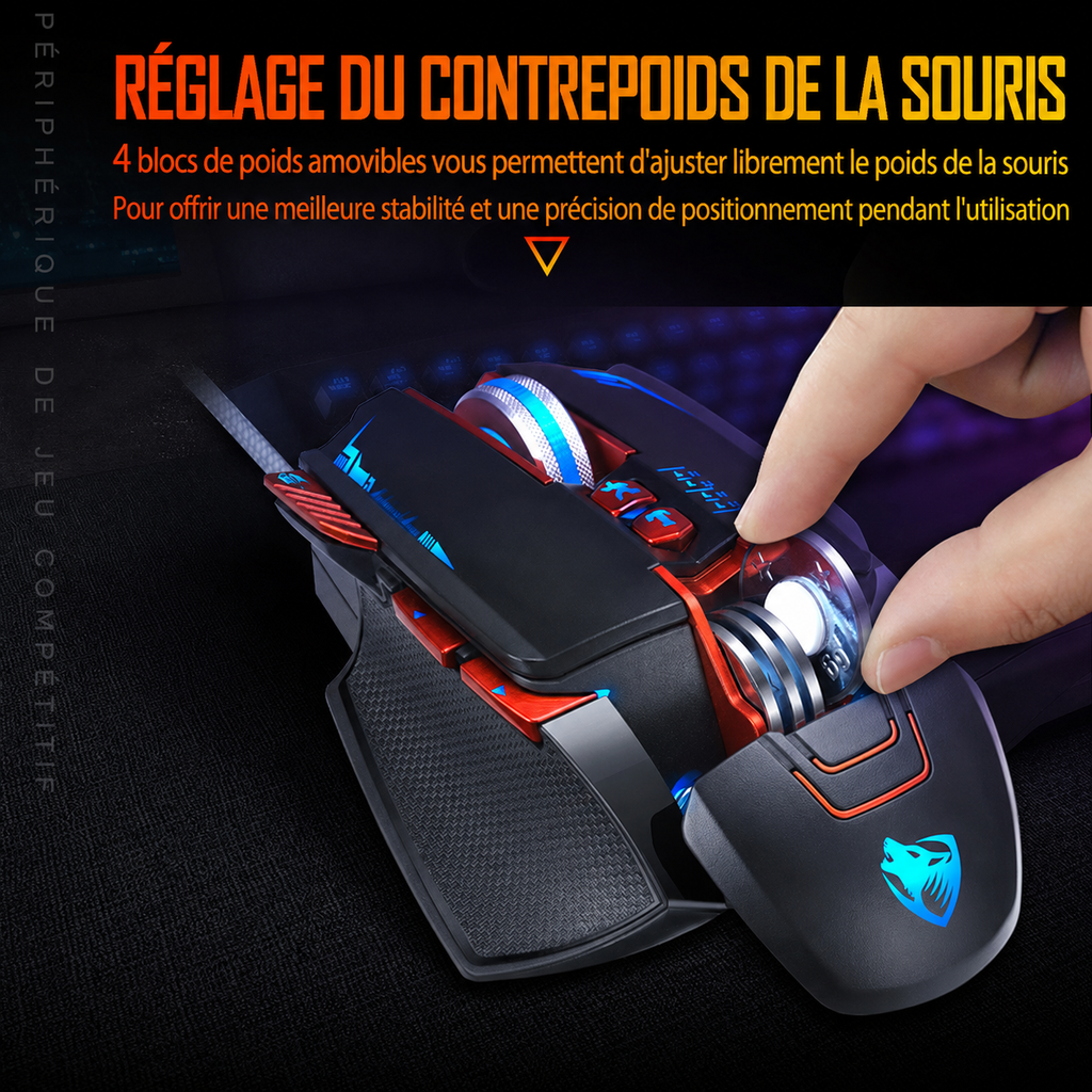 Souris gaming filaire Thunder Wolf V9 2500 DPI avec éclairage RGB et poids réglable