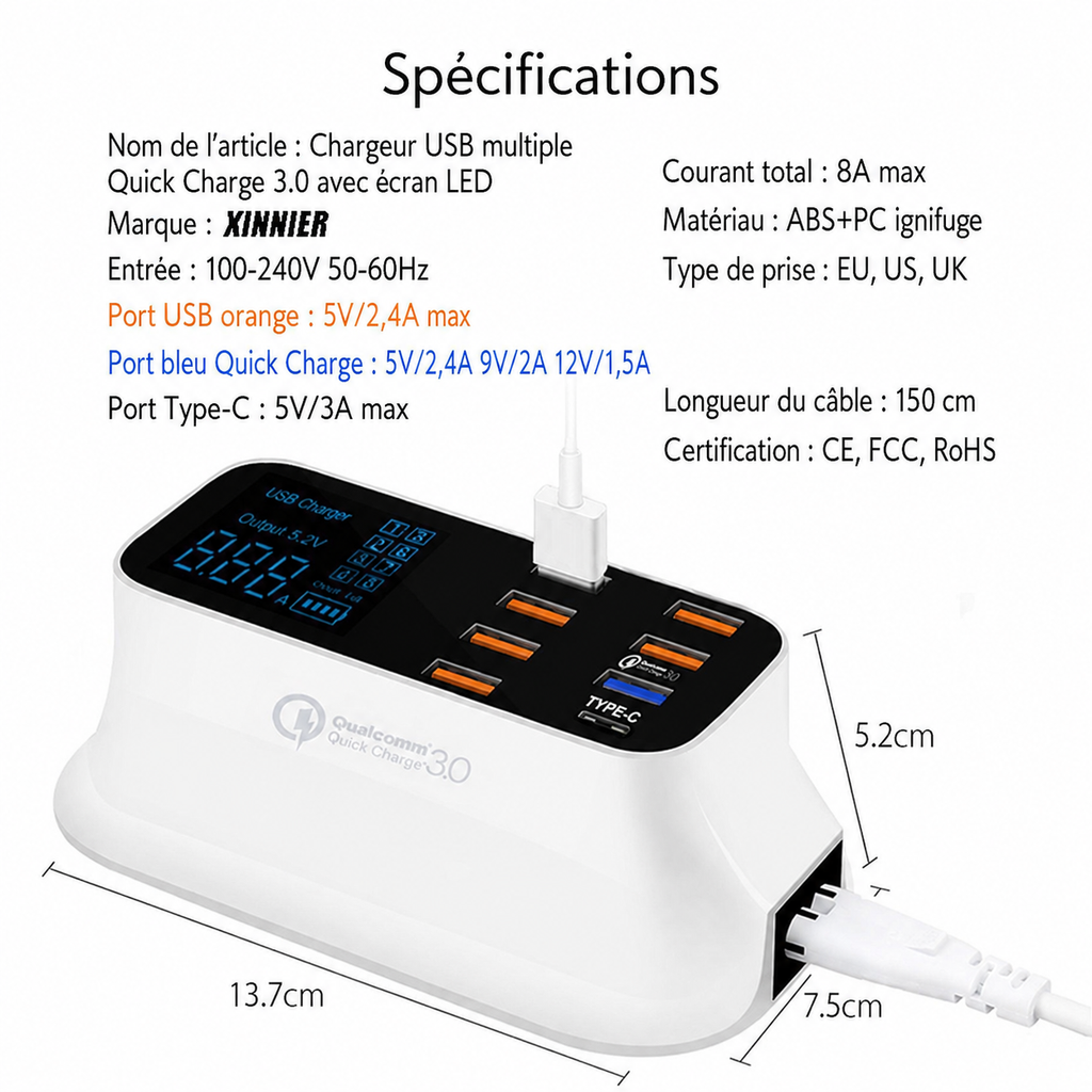 Station de charge USB 8 ports avec Quick Charge 3.0 et écran LED