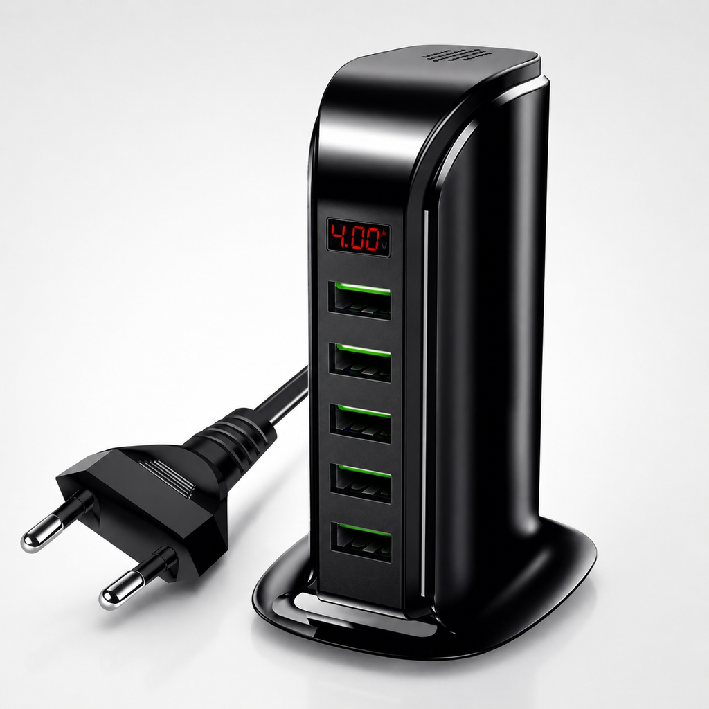 Chargeur USB 5 ports avec écran digital affichant l'intensité de charge