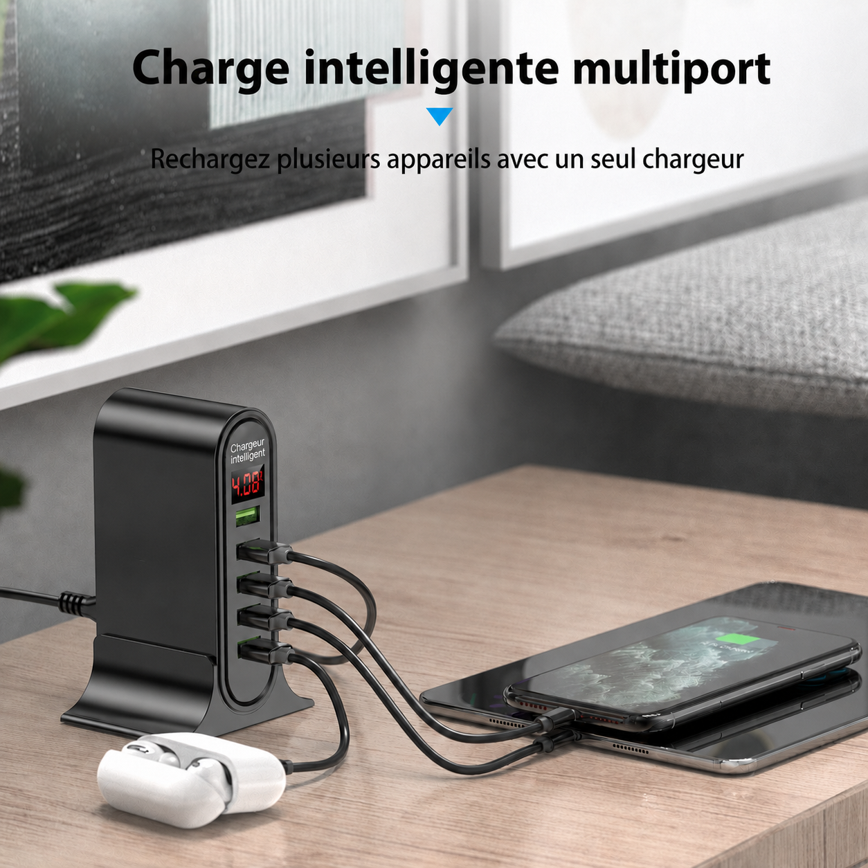 Chargeur USB 5 ports avec écran digital affichant l'intensité de charge