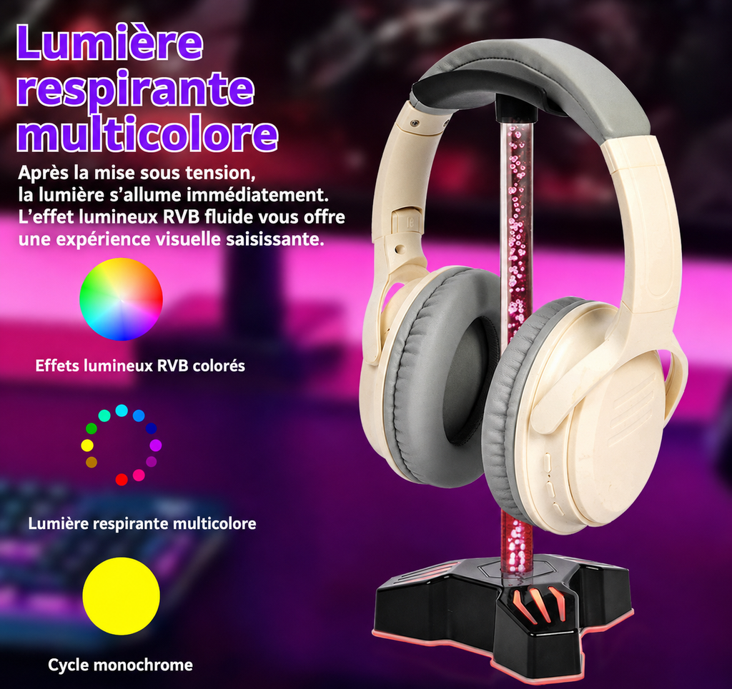 Support casque gaming RGB en forme de tête avec éclairage respirant