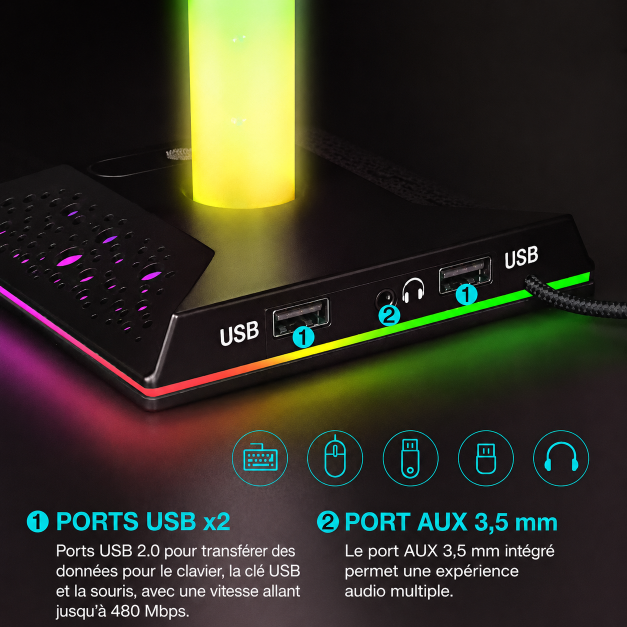 Support casque gaming RGB au design semi-transparent lumineux