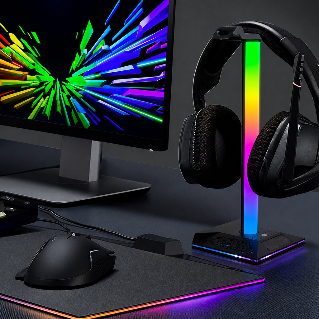 Support casque gaming RGB au design semi-transparent lumineux
