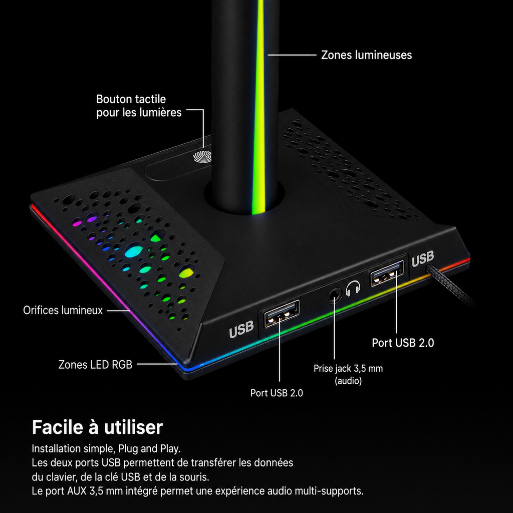 Support casque gaming RGB avec éclairage ambiant et double port USB