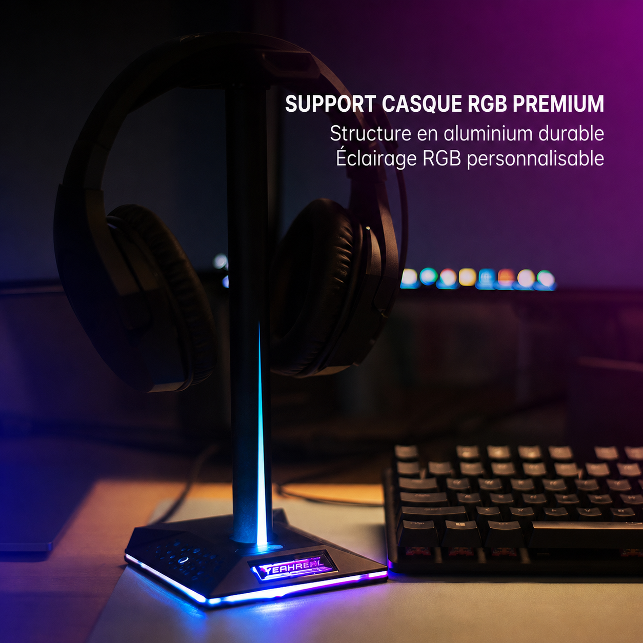 Support casque gaming RGB avec éclairage ambiant et double port USB