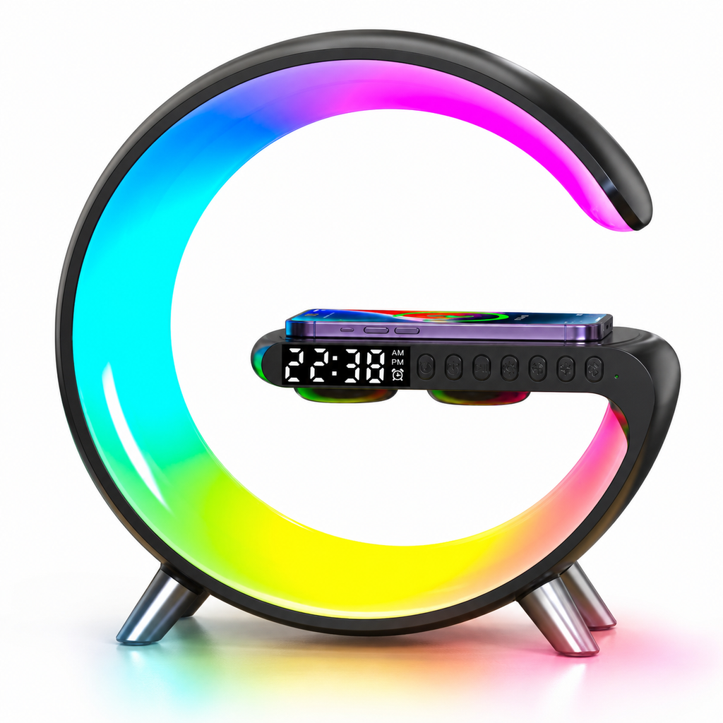 Lampe d'ambiance LED connectée en forme de G avec enceinte Bluetooth et chargeur sans fil