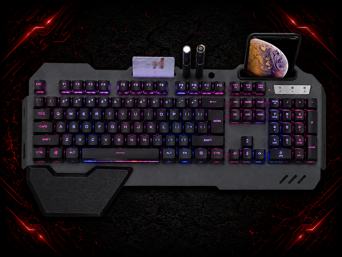Clavier gaming filaire ergonomique RGB avec support téléphone intégré