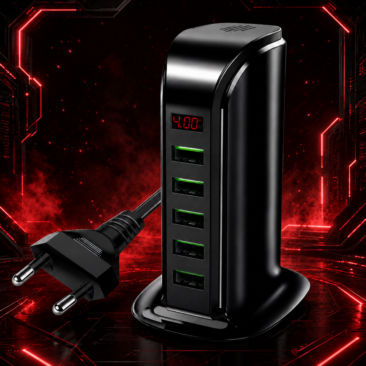 Chargeur USB 5 ports avec écran digital affichant l'intensité de charge