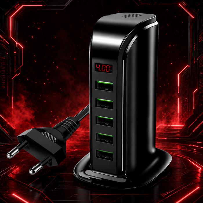 Chargeur USB 5 ports avec écran digital affichant l'intensité de charge