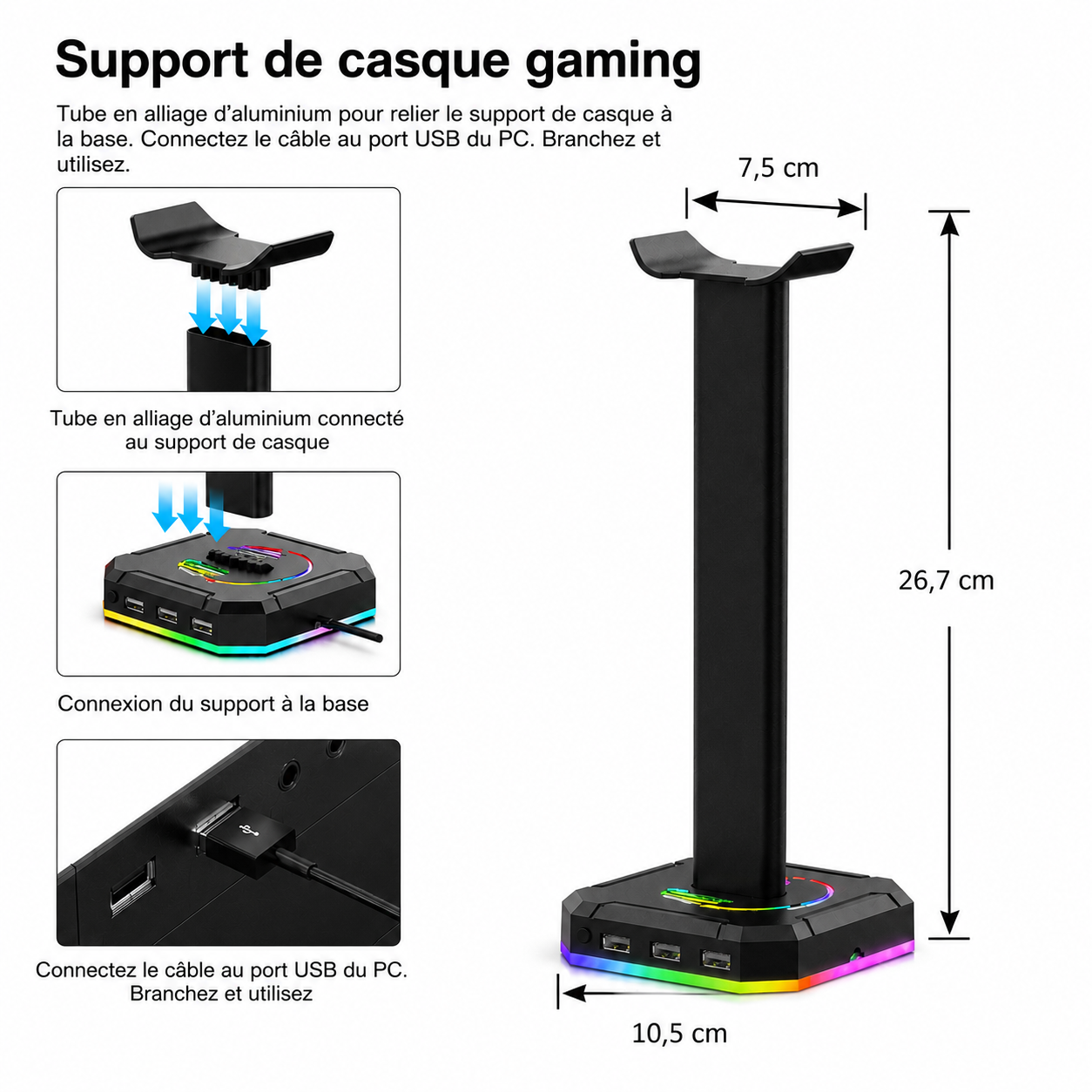 Support casque gaming RGB ZUOYA au design e-sport avec éclairage ambiant