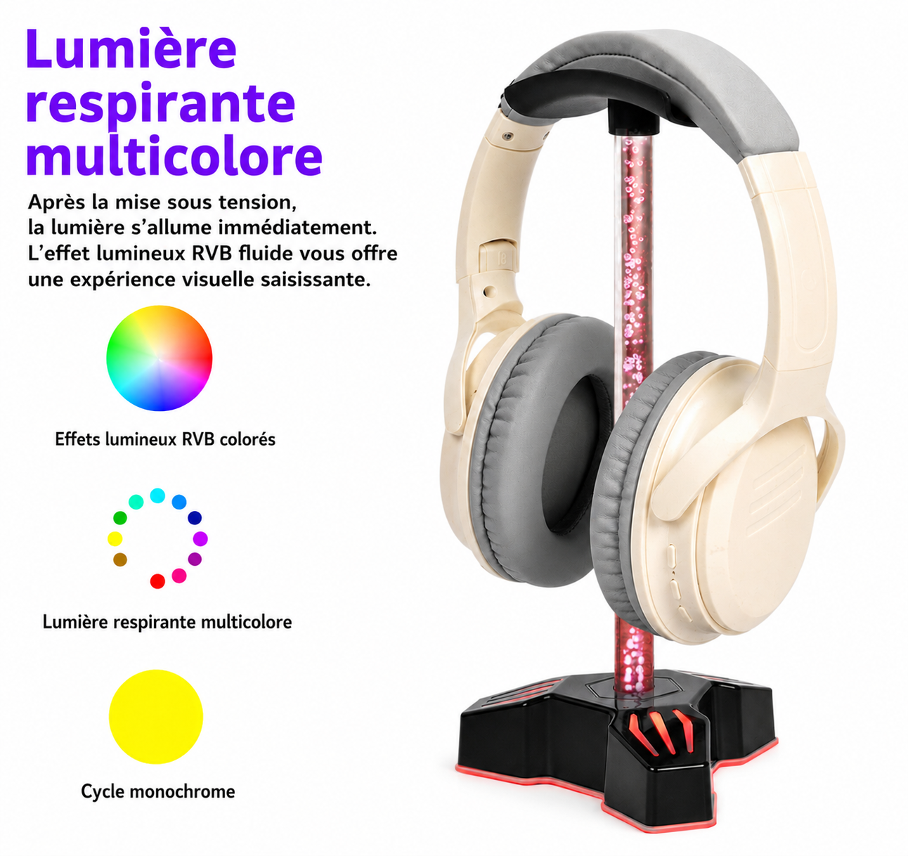 Support casque gaming RGB en forme de tête avec éclairage respirant