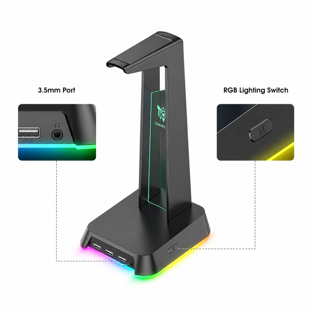 Support casque gaming RGB ST2 avec base LED détachable et ports USB
