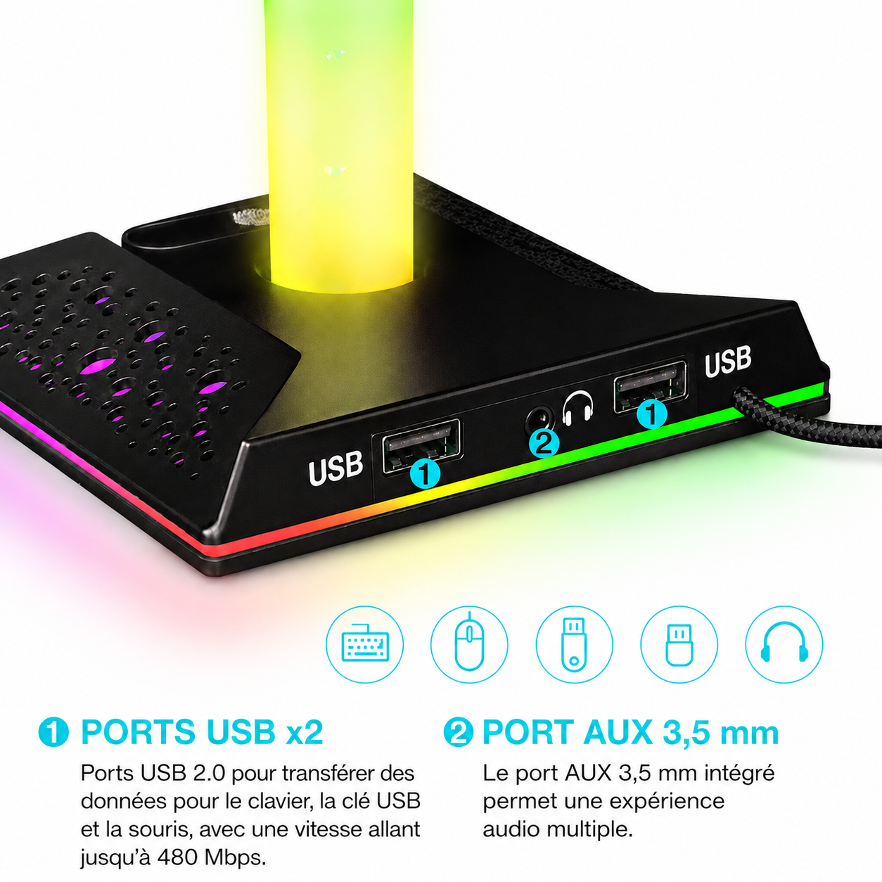 Support casque gaming RGB au design semi-transparent lumineux