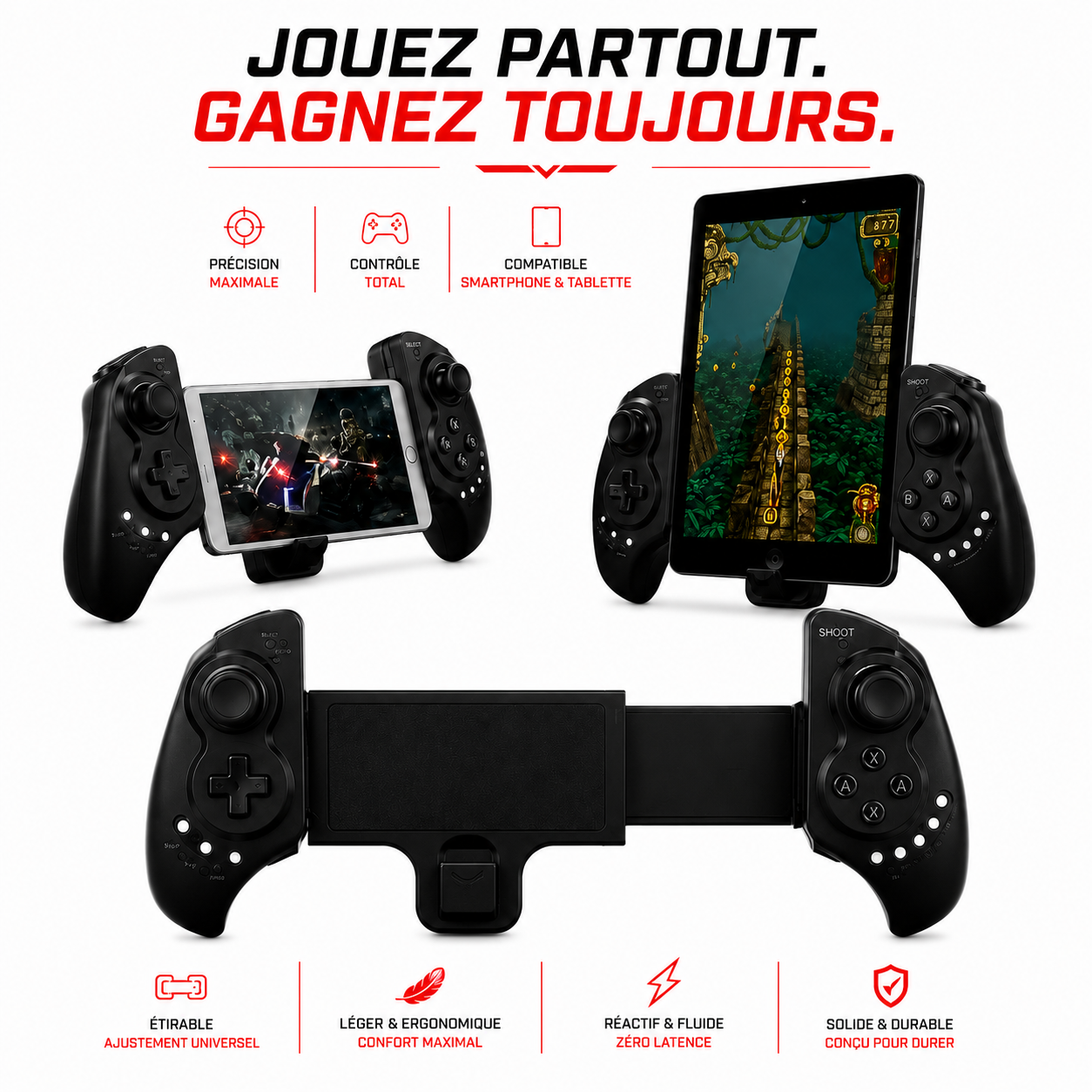Manette de jeu ajustable pour smartphone et tablette, coloris noir et rouge
