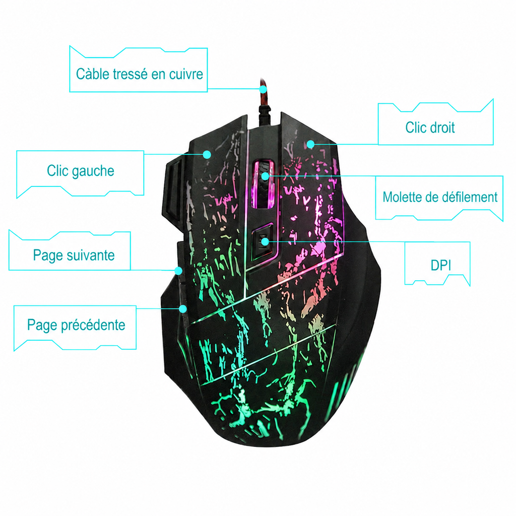Souris gaming filaire au design transparent ultra-fin avec éclairage LED
