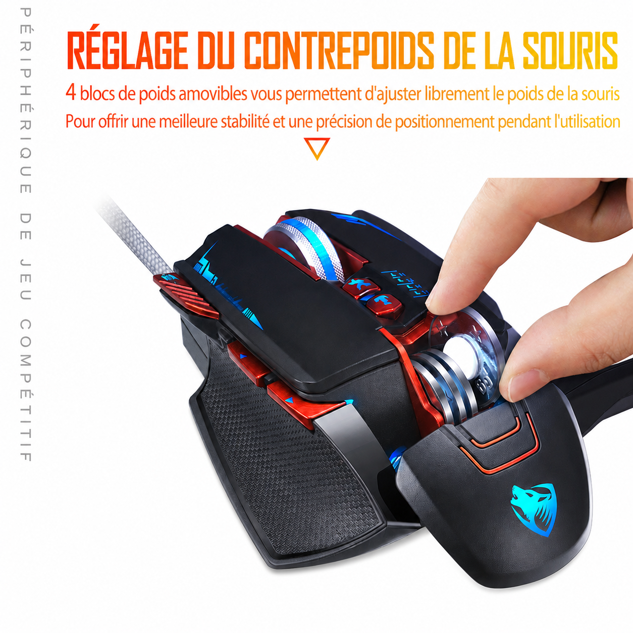 Souris gaming filaire Thunder Wolf V9 2500 DPI avec éclairage RGB et poids réglable