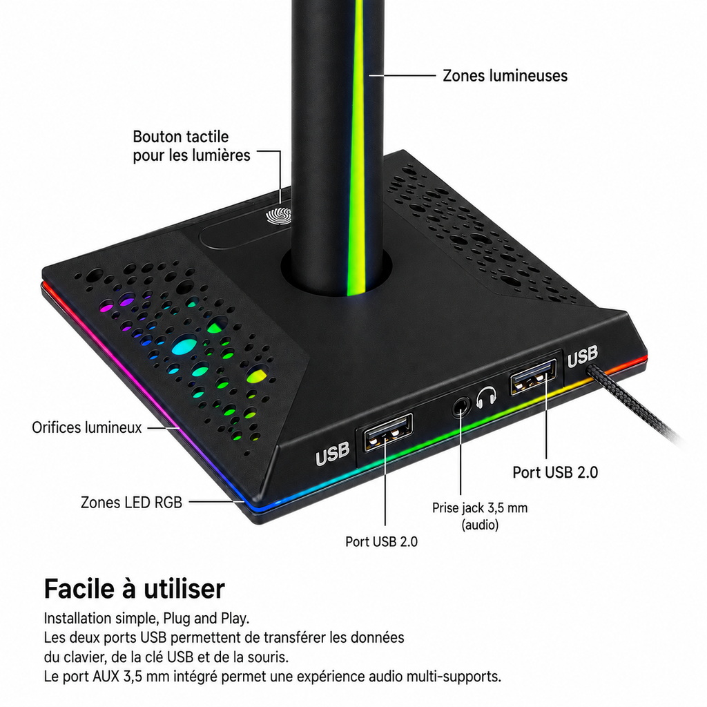 Support casque gaming RGB avec éclairage ambiant et double port USB