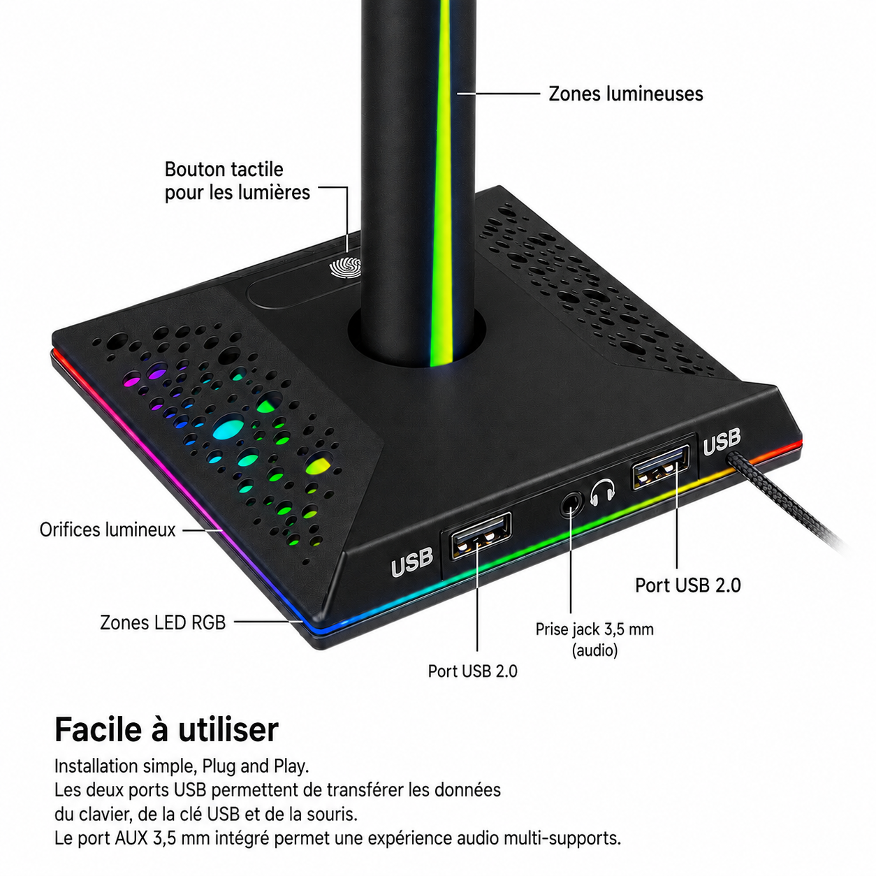 Support casque gaming RGB avec éclairage ambiant et double port USB