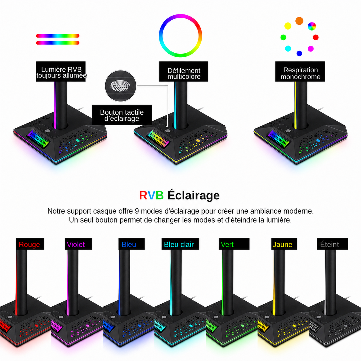 Support casque gaming RGB avec éclairage ambiant et double port USB