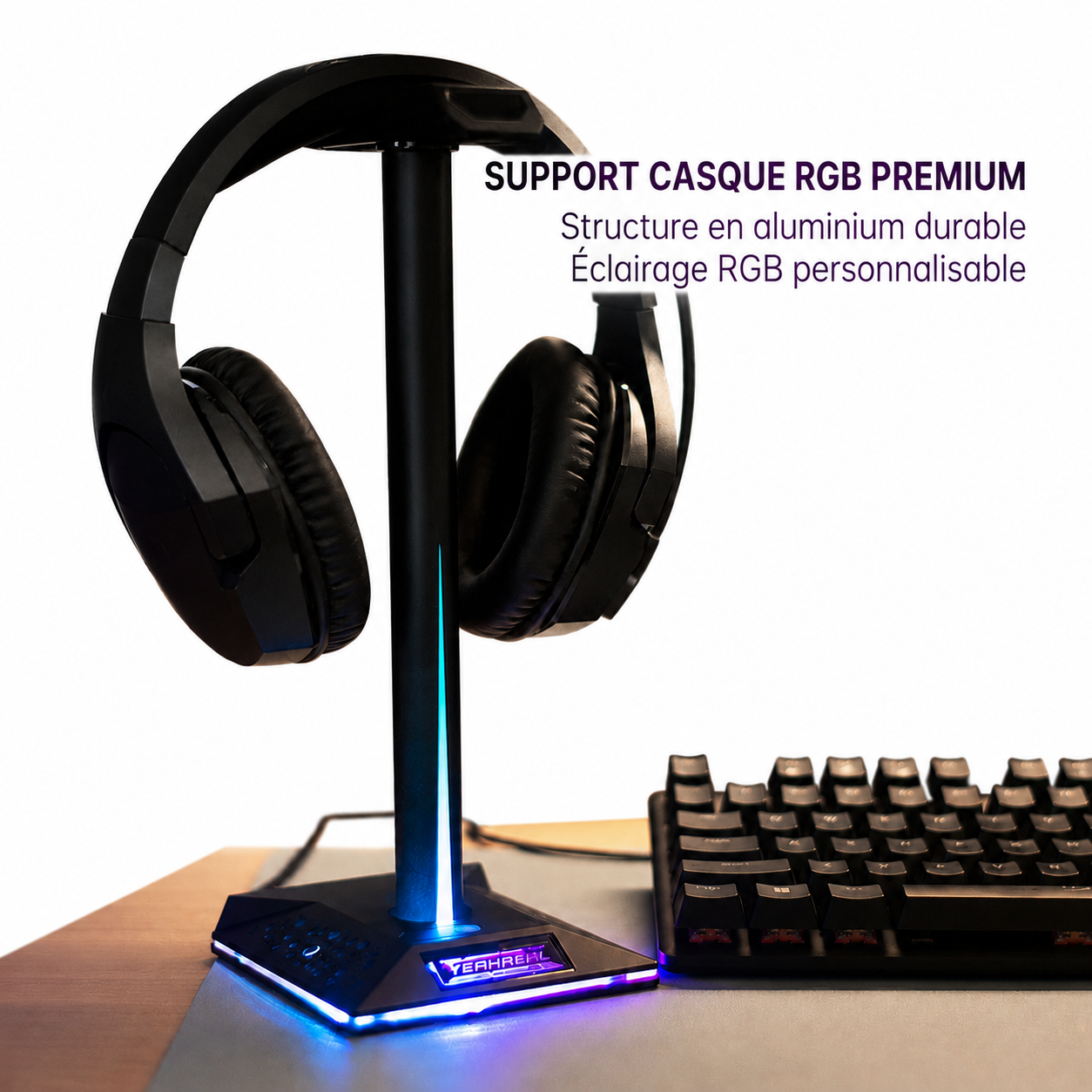 Support casque gaming RGB avec éclairage ambiant et double port USB