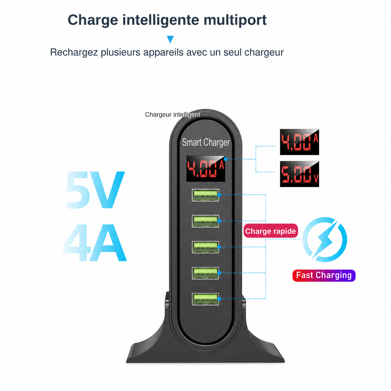 Chargeur USB 5 ports avec écran digital affichant l'intensité de charge