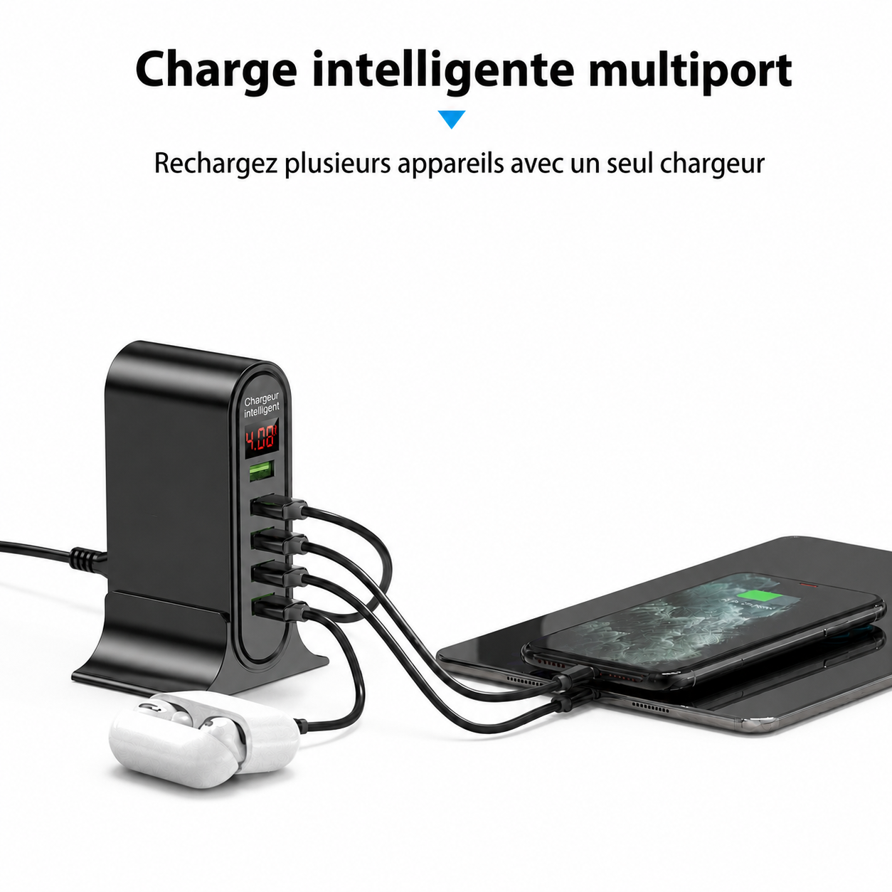Chargeur USB 5 ports avec écran digital affichant l'intensité de charge