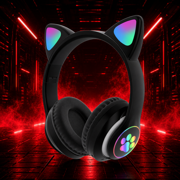 Casque Bluetooth à oreilles de chat lumineuses LED RGB, coloris noir