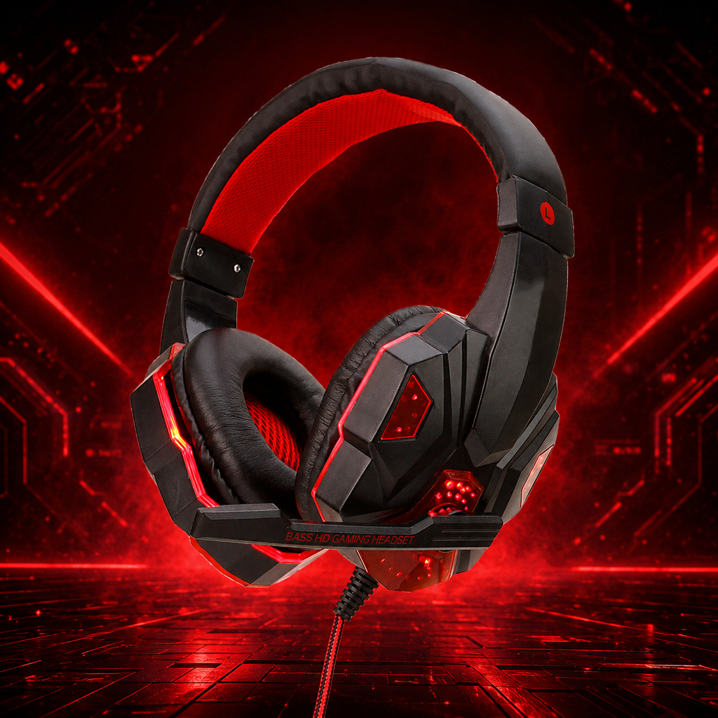 Casque gaming filaire LED rouge et noir avec micro – PC, PS4, Xbox