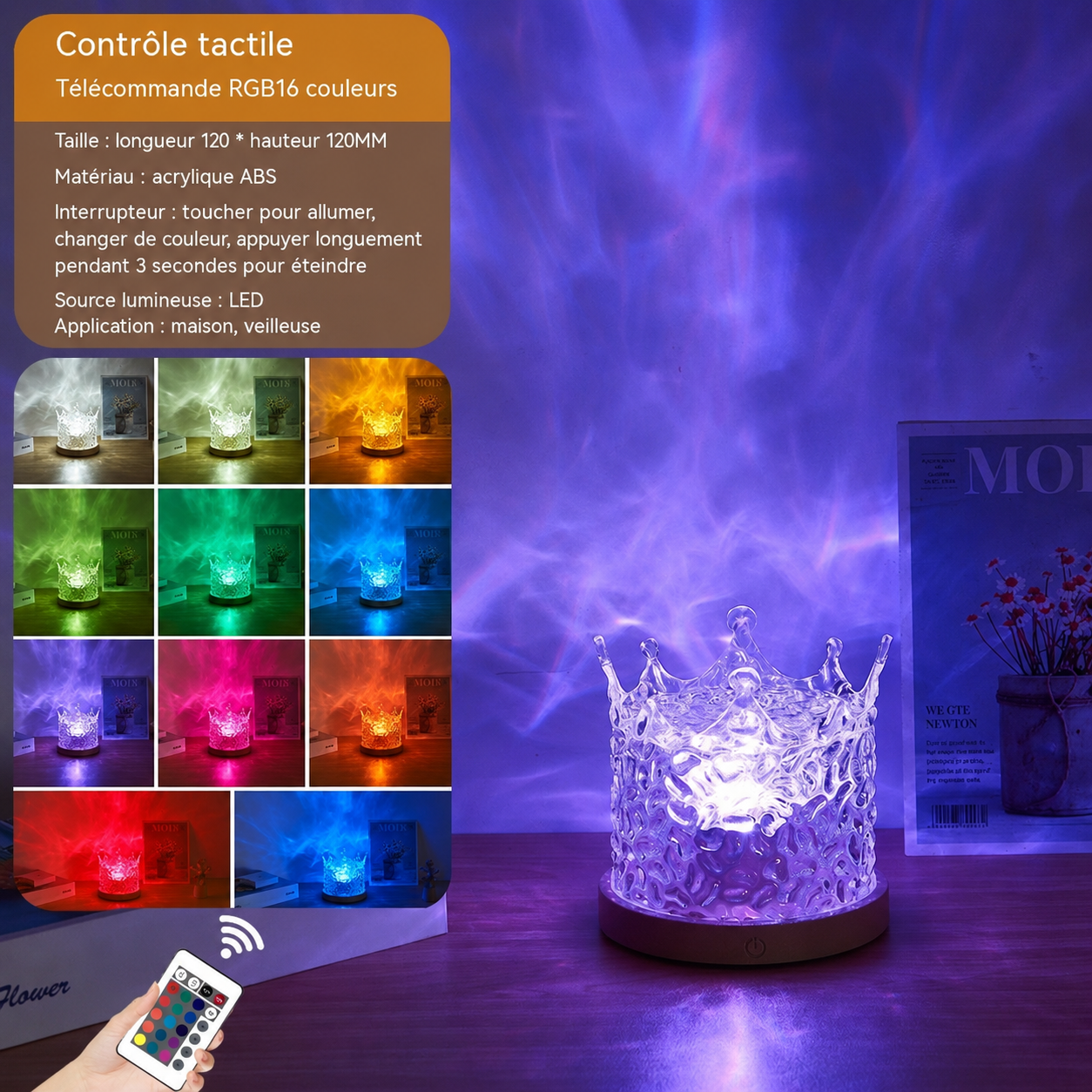Lampe d'ambiance cristal RGB effet vague d'eau avec télécommande