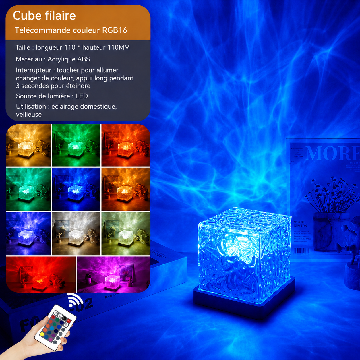 Lampe d'ambiance cristal RGB effet vague d'eau avec télécommande