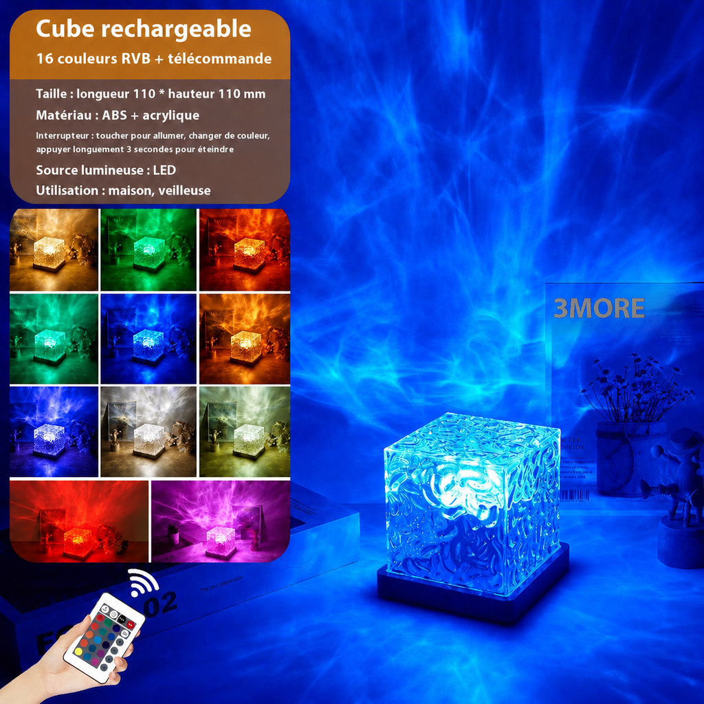 Lampe d'ambiance cristal RGB effet vague d'eau avec télécommande