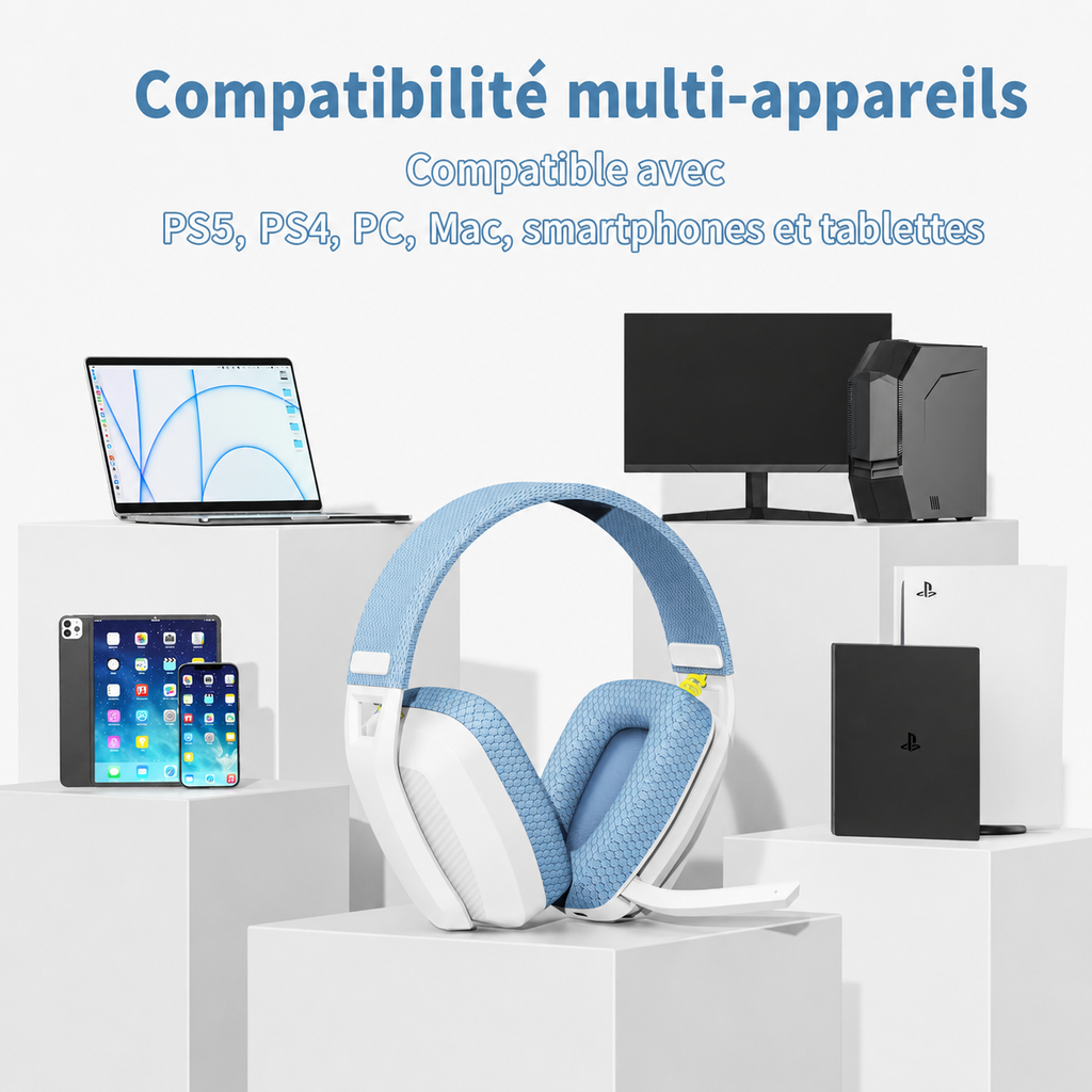 Casque Gaming Sans Fil BW06 – Bluetooth 5.3 + Dongle 2,4 GHz, Léger avec Micro