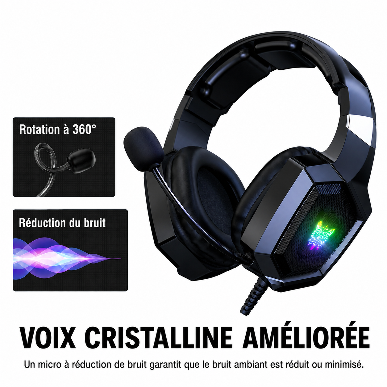Casque Gaming Filaire RGB K8 – Son Stéréo 50 mm, Micro & Coussinets Confort