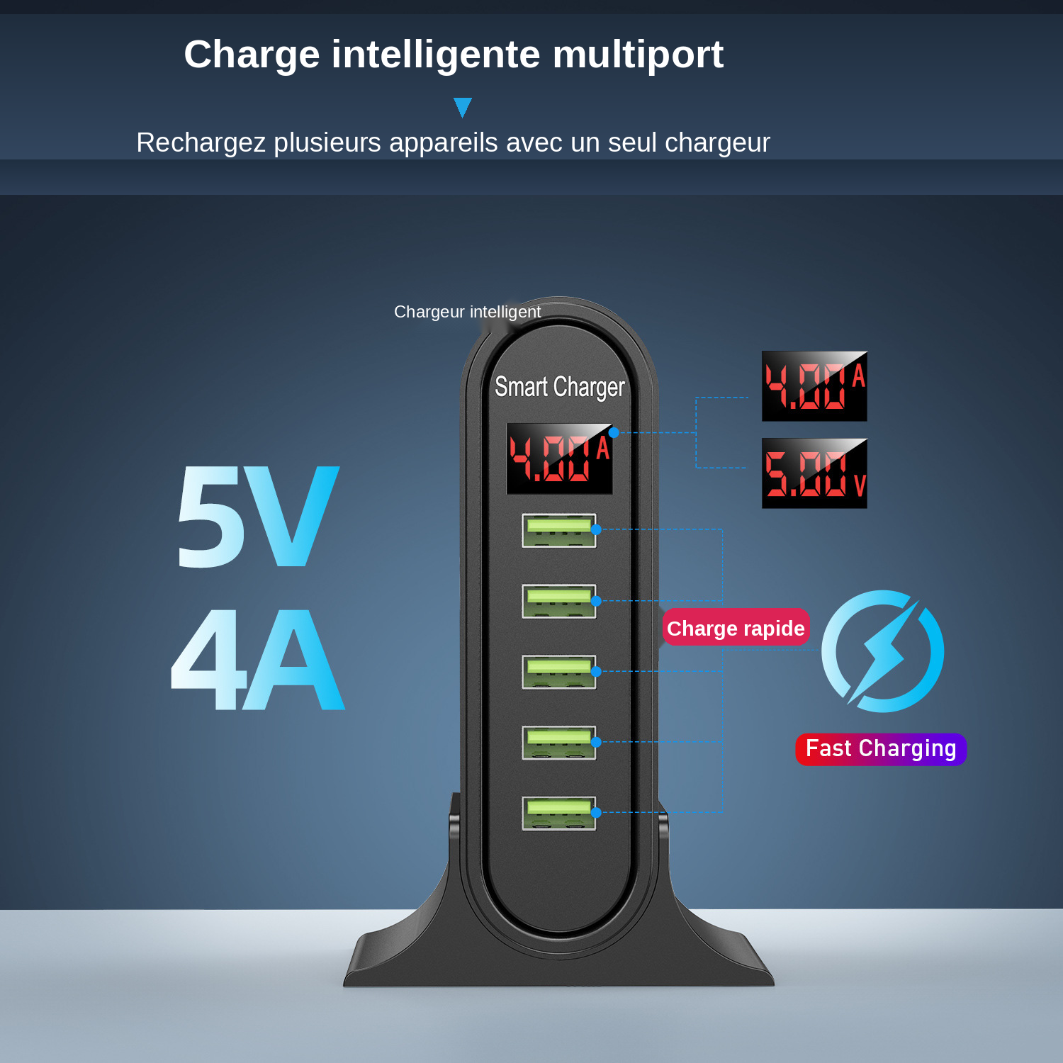 Chargeur USB 5 ports avec écran digital affichant l'intensité de charge