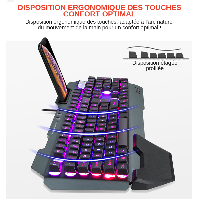 Clavier gaming filaire ergonomique RGB avec support téléphone intégré
